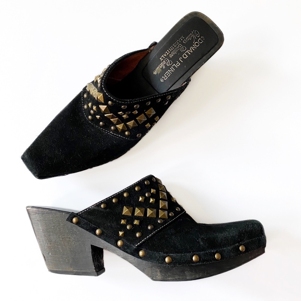 Donald J Pliner Western Couture Suede Gold Studded Slide Boots Mules Wooden Heel
